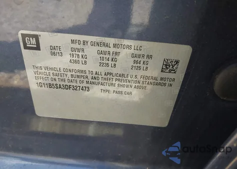 2013 Chevrolet Malibu 1Ls из США, поврежденный, VIN 1G11B5SA3DF327473